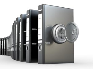 Data security. Information protection. Folders and key. 3d