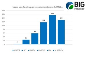 Liczba upadłości w poszczególnych miesiącach 2015 roku
